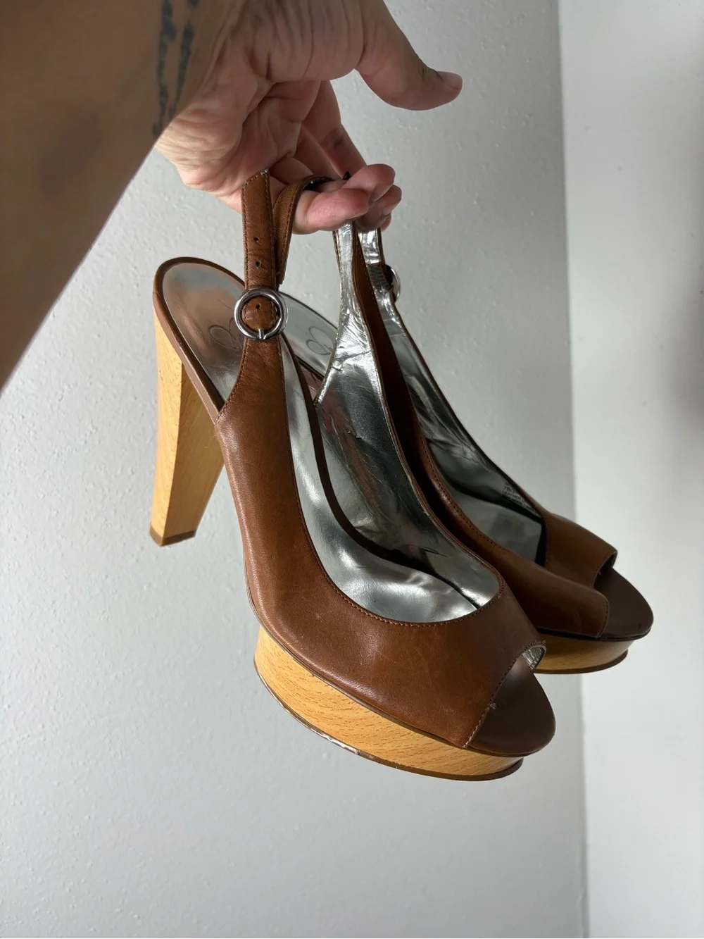 Jessica Simpson Brown Leather Peep-Toe Slingback Platforms